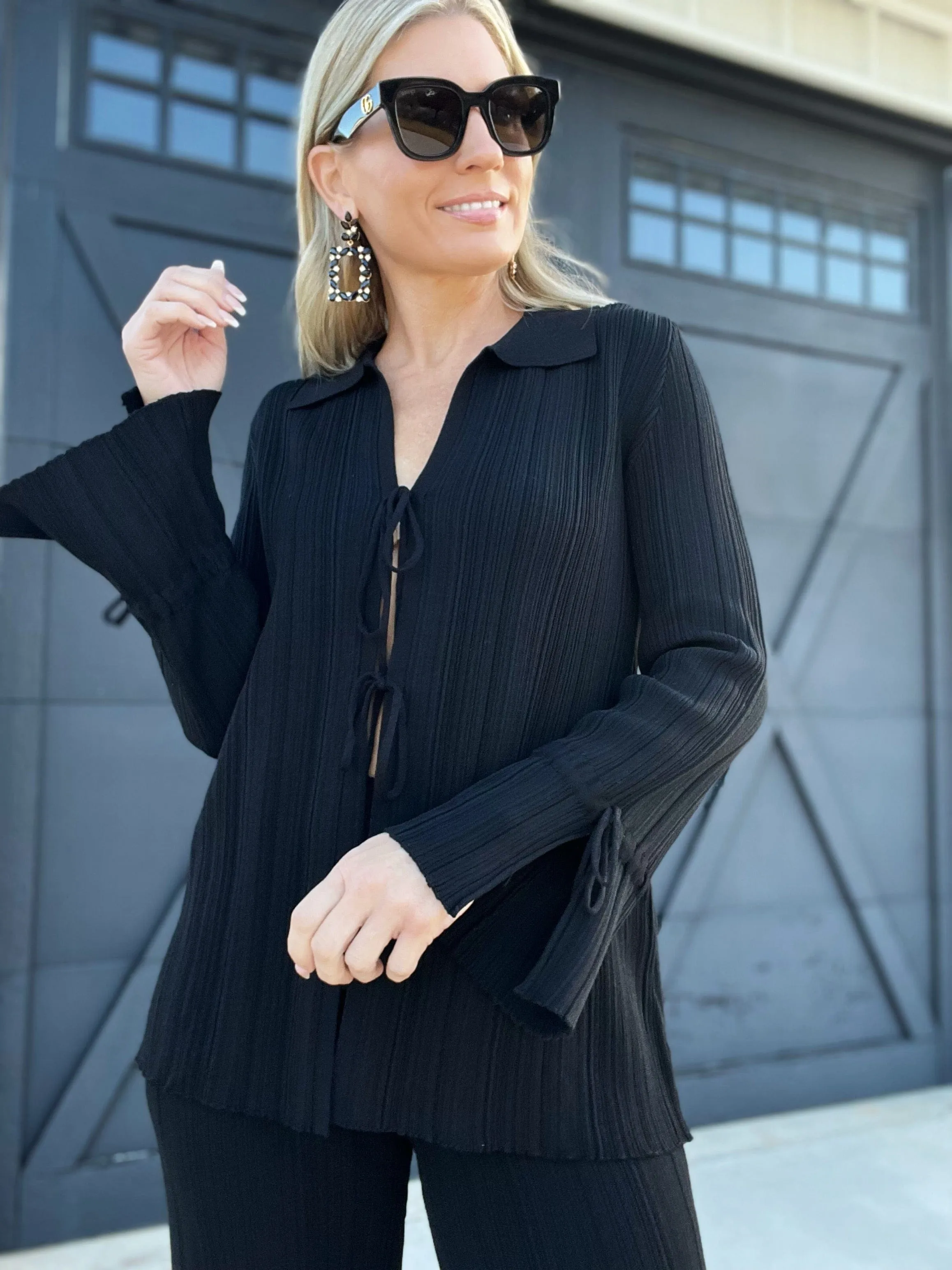 Textured Knit Front-Tie Top-Black