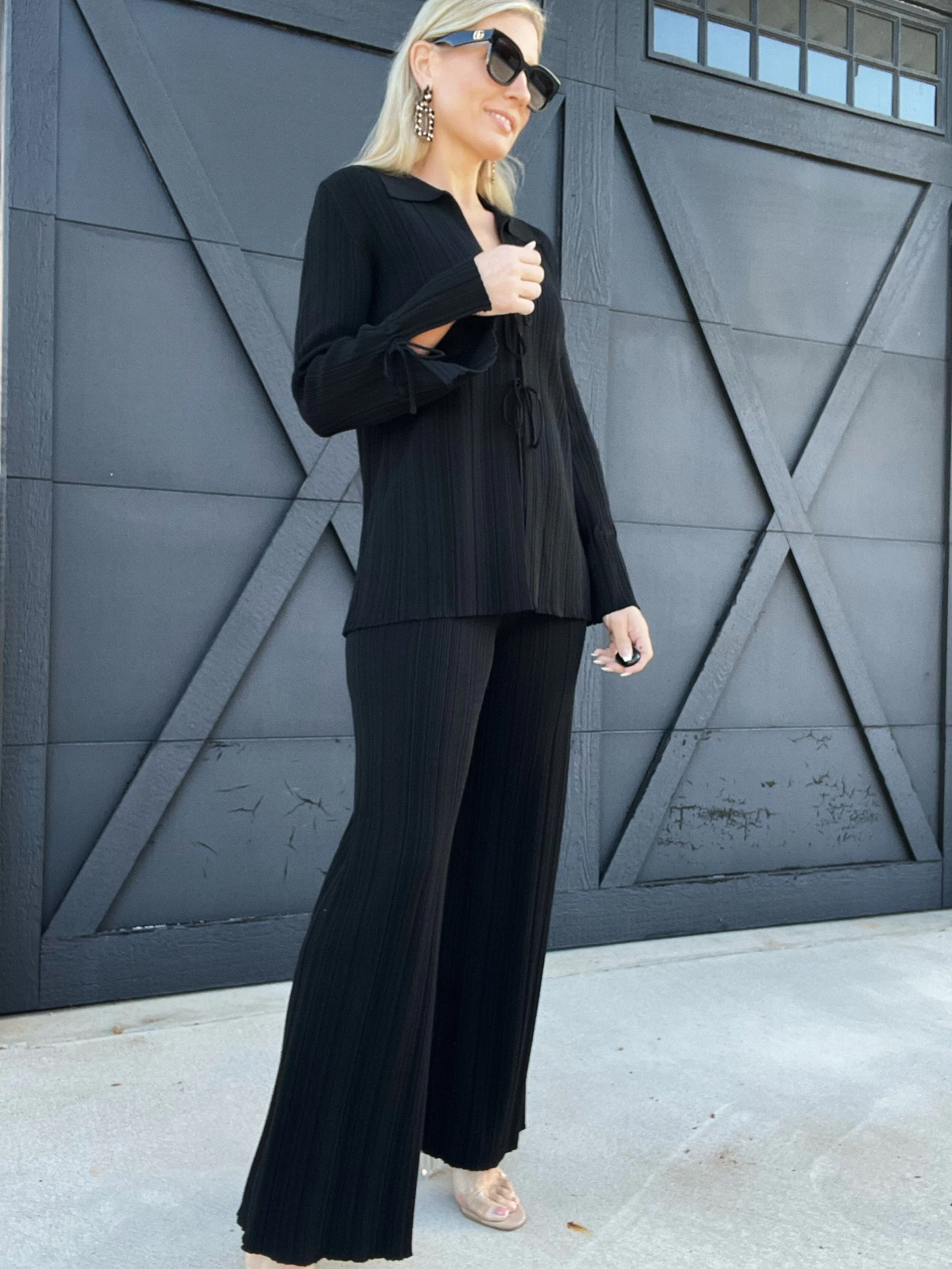 Textured Knit Front-Tie Top-Black