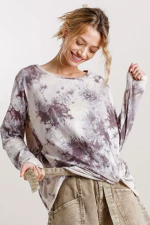 Tie Dye Front Gathered Detail Round Neck Long Sleeve T-Shirt