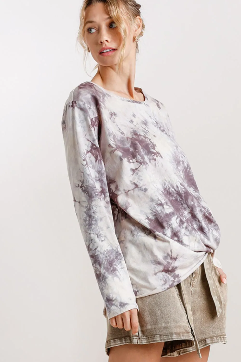 Tie Dye Front Gathered Detail Round Neck Long Sleeve T-Shirt