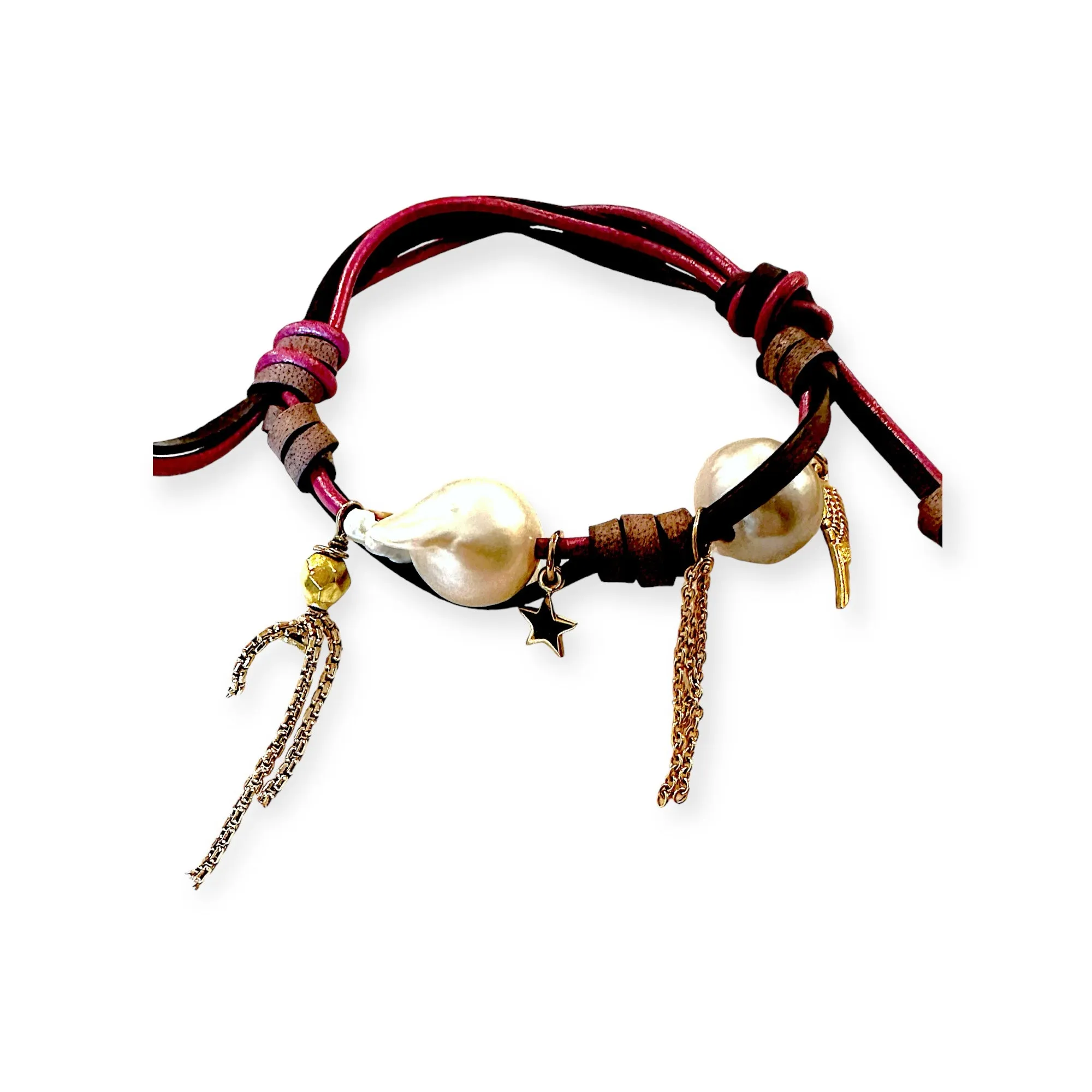 TROPICAL DUSK ANGEL BAROQUE PEARL GOLD STAR AND CHAIN ROCKER BRACELET