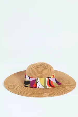 Tropical Ribbon Wide Brim Sunhat - Tan