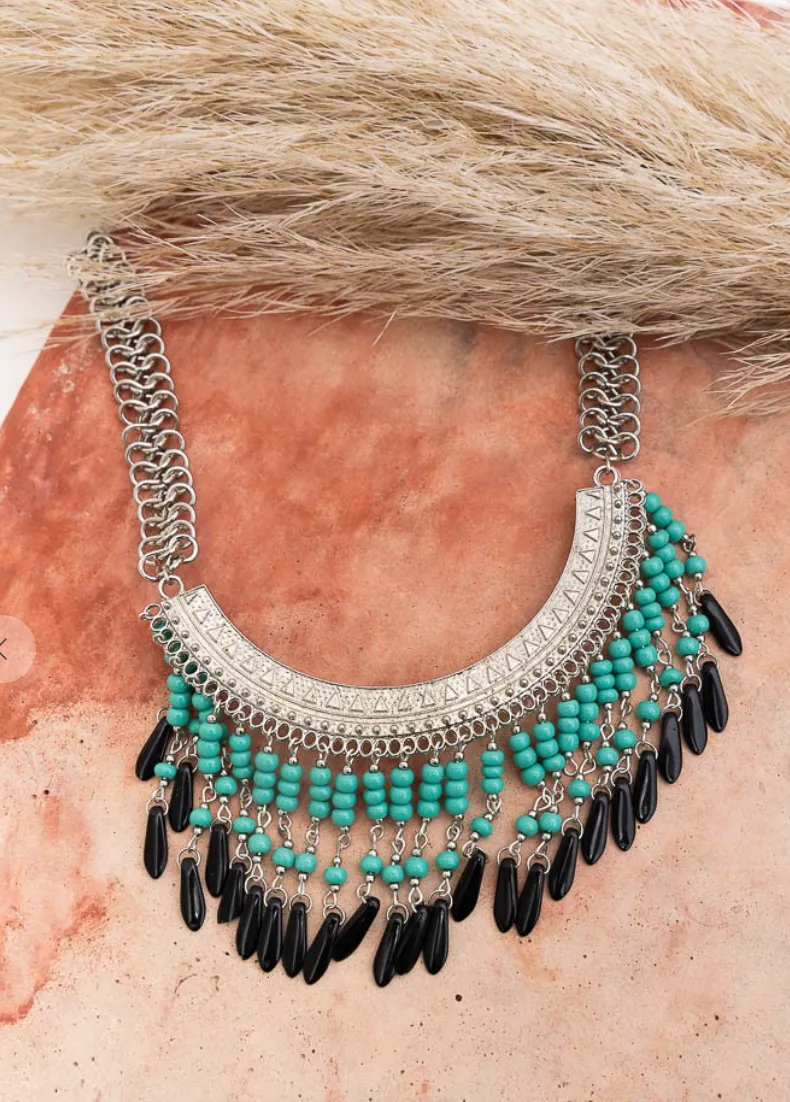 Turquoise Bohemian Fringe Bib Necklace