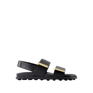 Two Wide Straps Black Leather Sandals