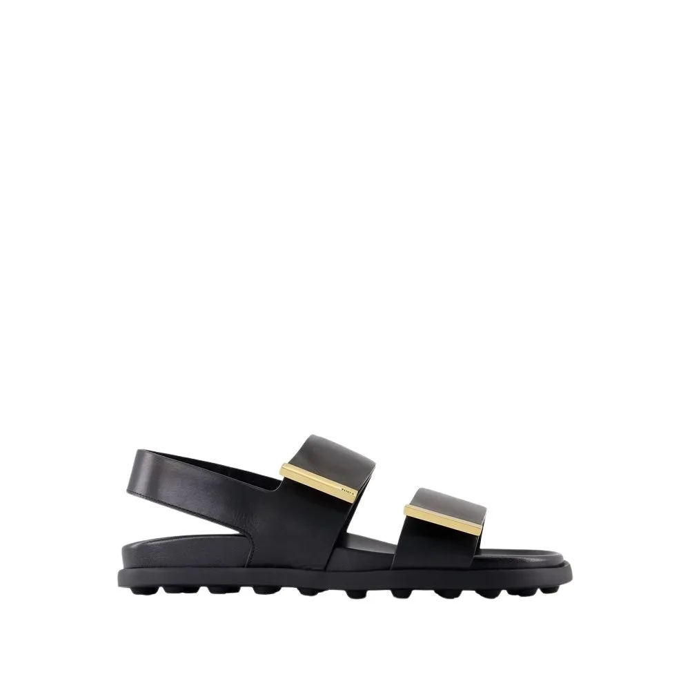 Two Wide Straps Black Leather Sandals