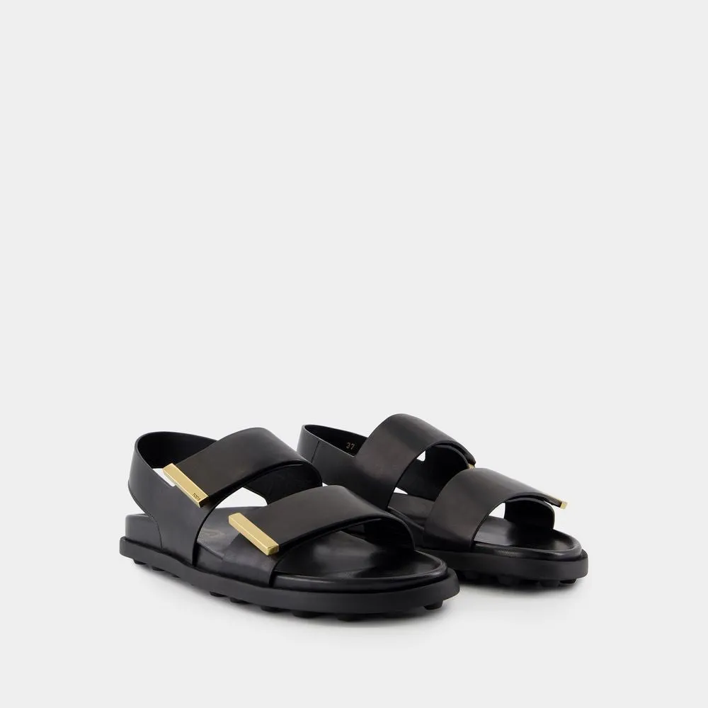 Two Wide Straps Black Leather Sandals
