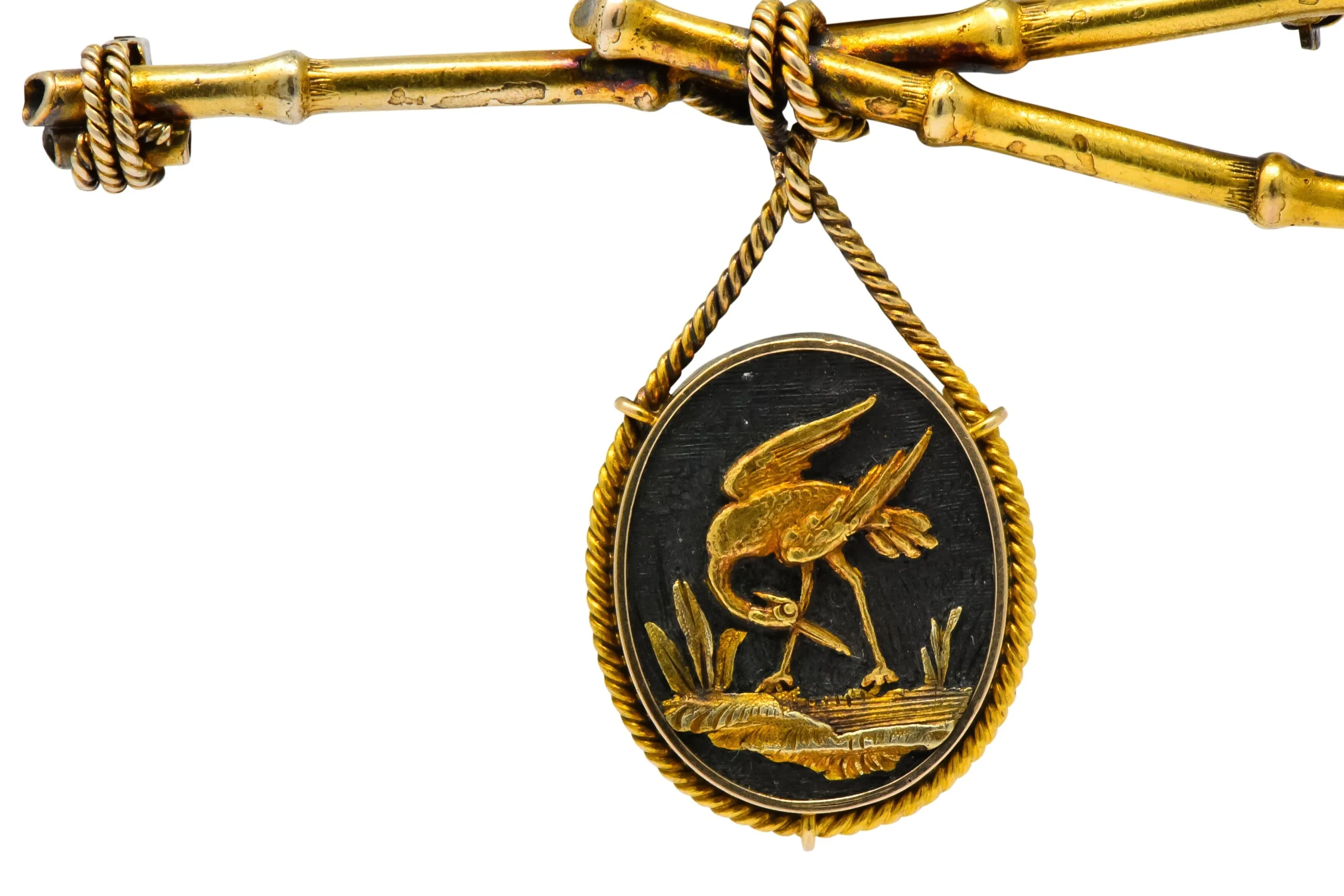 Victorian 14 Karat Gold and Mixed Metal Heron Bamboo Brooch