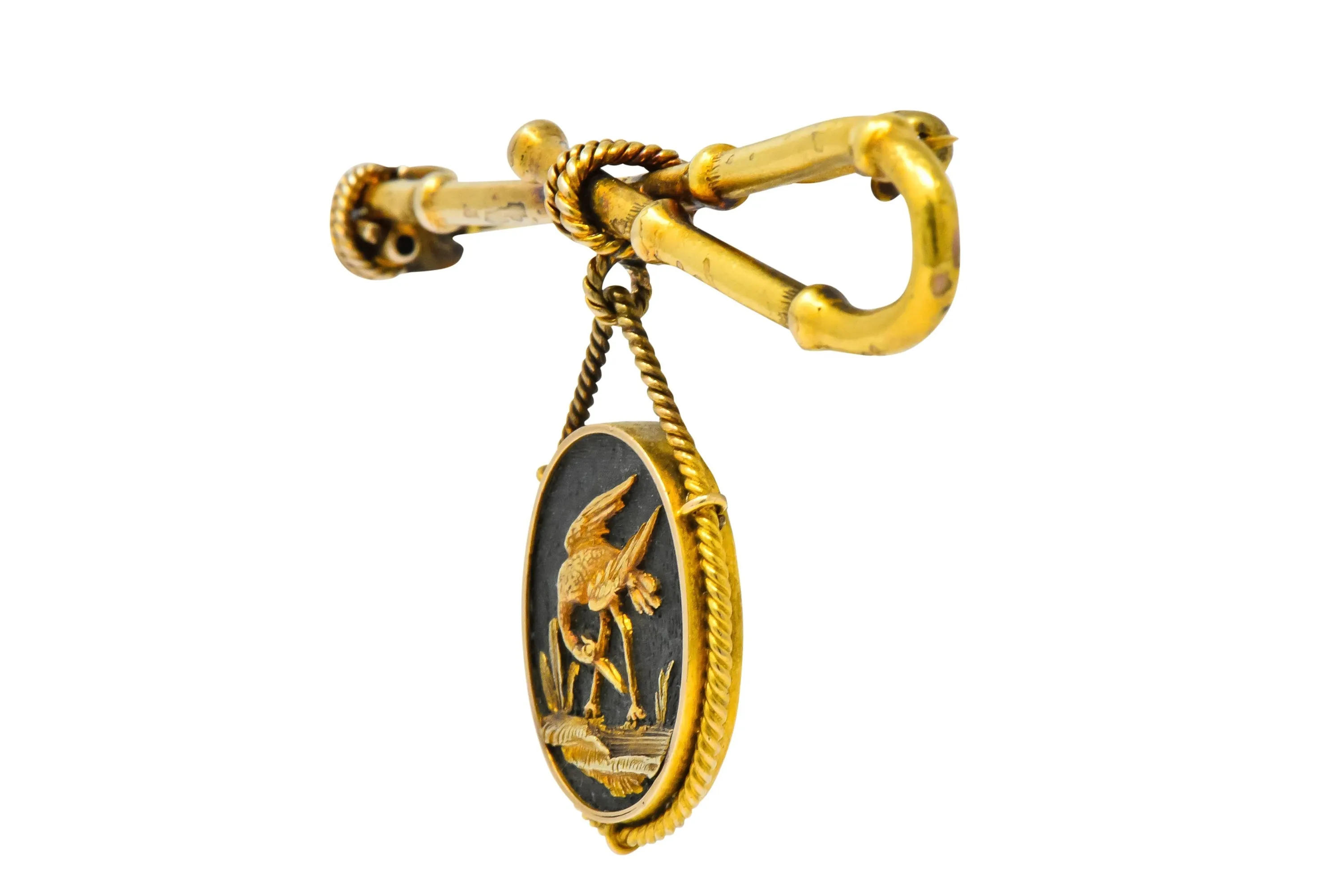 Victorian 14 Karat Gold and Mixed Metal Heron Bamboo Brooch
