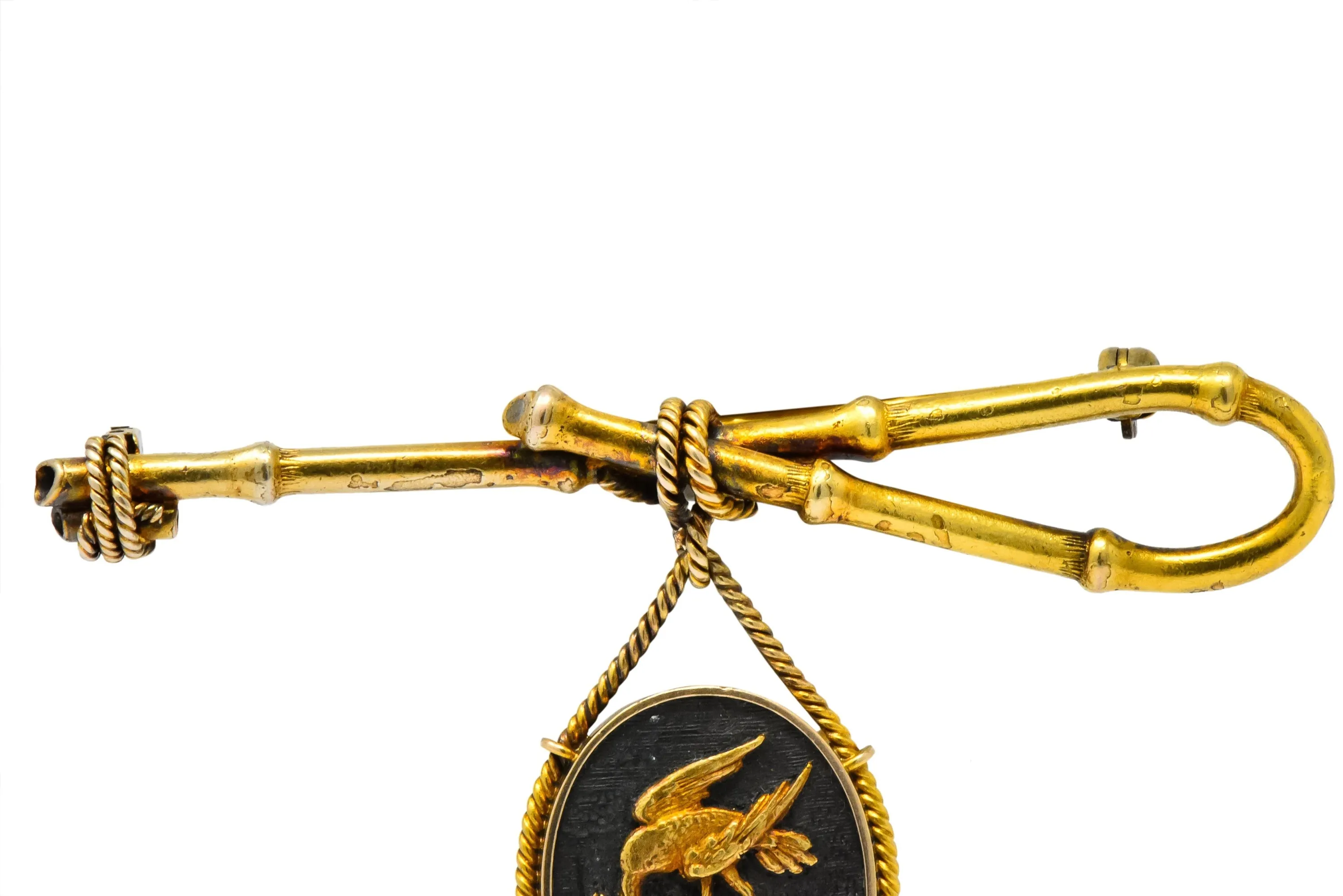 Victorian 14 Karat Gold and Mixed Metal Heron Bamboo Brooch
