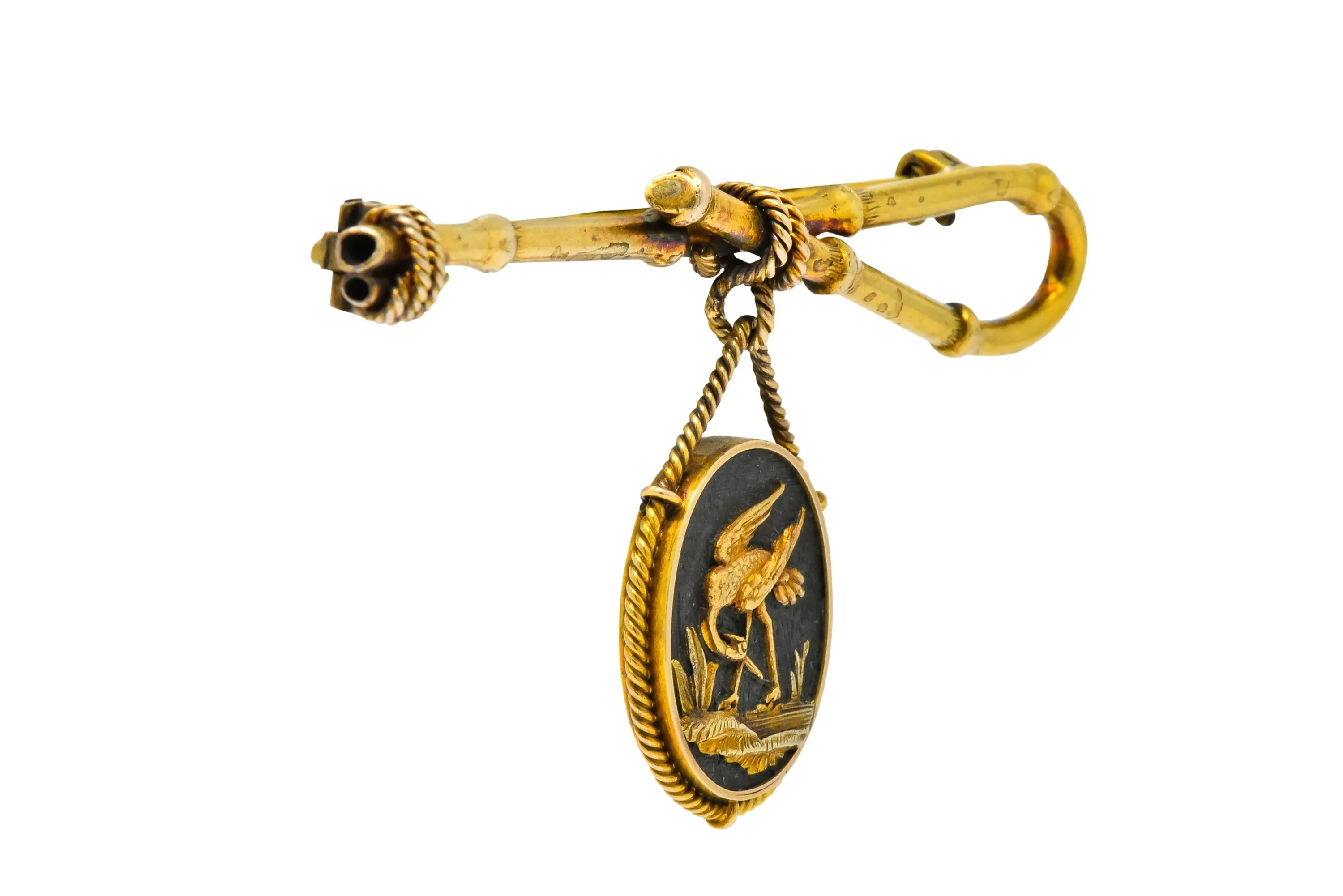 Victorian 14 Karat Gold and Mixed Metal Heron Bamboo Brooch