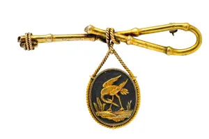 Victorian 14 Karat Gold and Mixed Metal Heron Bamboo Brooch