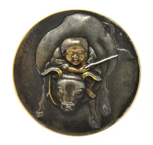 Victorian 14 Karat Rose Gold Mixed Metal Lao Tzu Boy & Ox Shakudo Ring