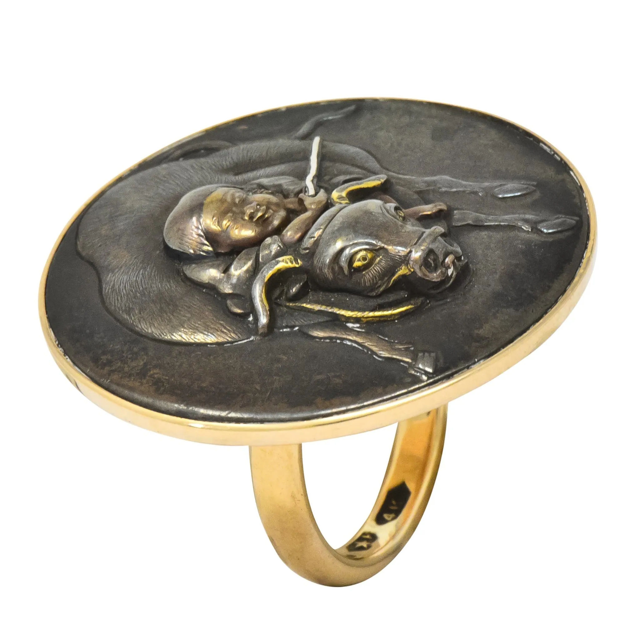Victorian 14 Karat Rose Gold Mixed Metal Lao Tzu Boy & Ox Shakudo Ring
