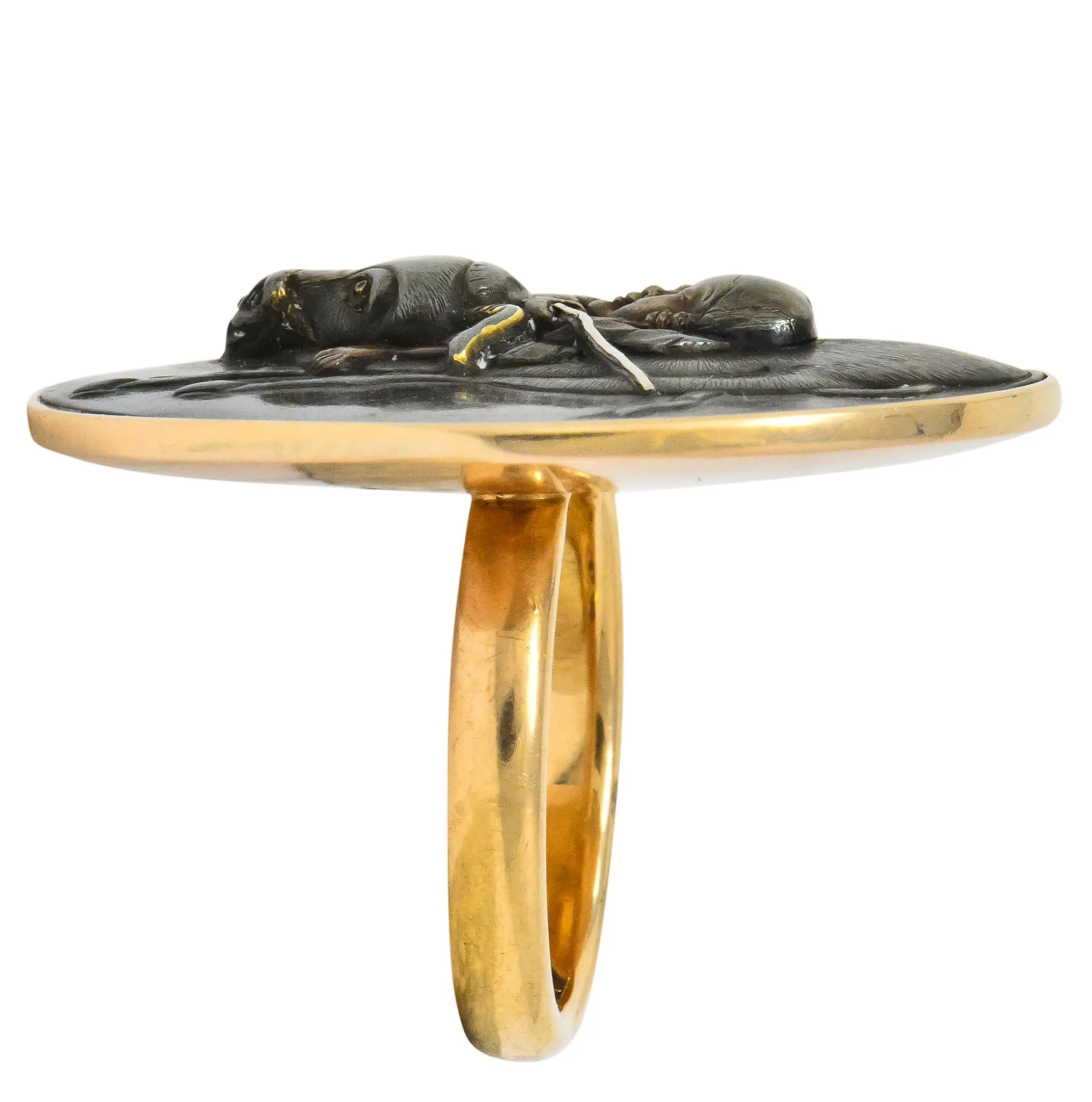 Victorian 14 Karat Rose Gold Mixed Metal Lao Tzu Boy & Ox Shakudo Ring