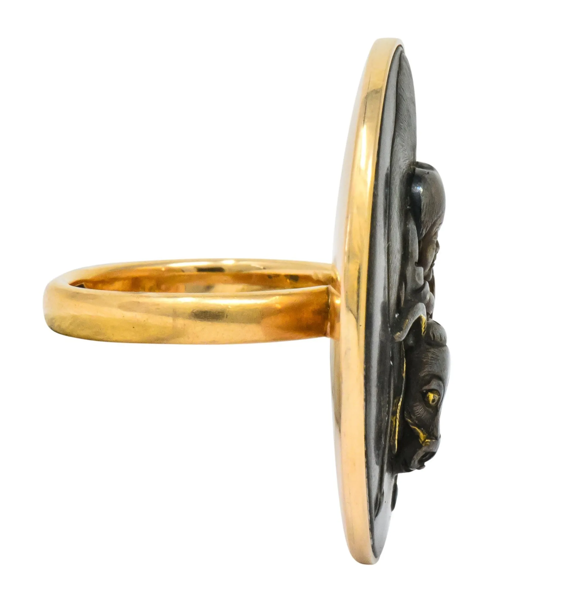 Victorian 14 Karat Rose Gold Mixed Metal Lao Tzu Boy & Ox Shakudo Ring