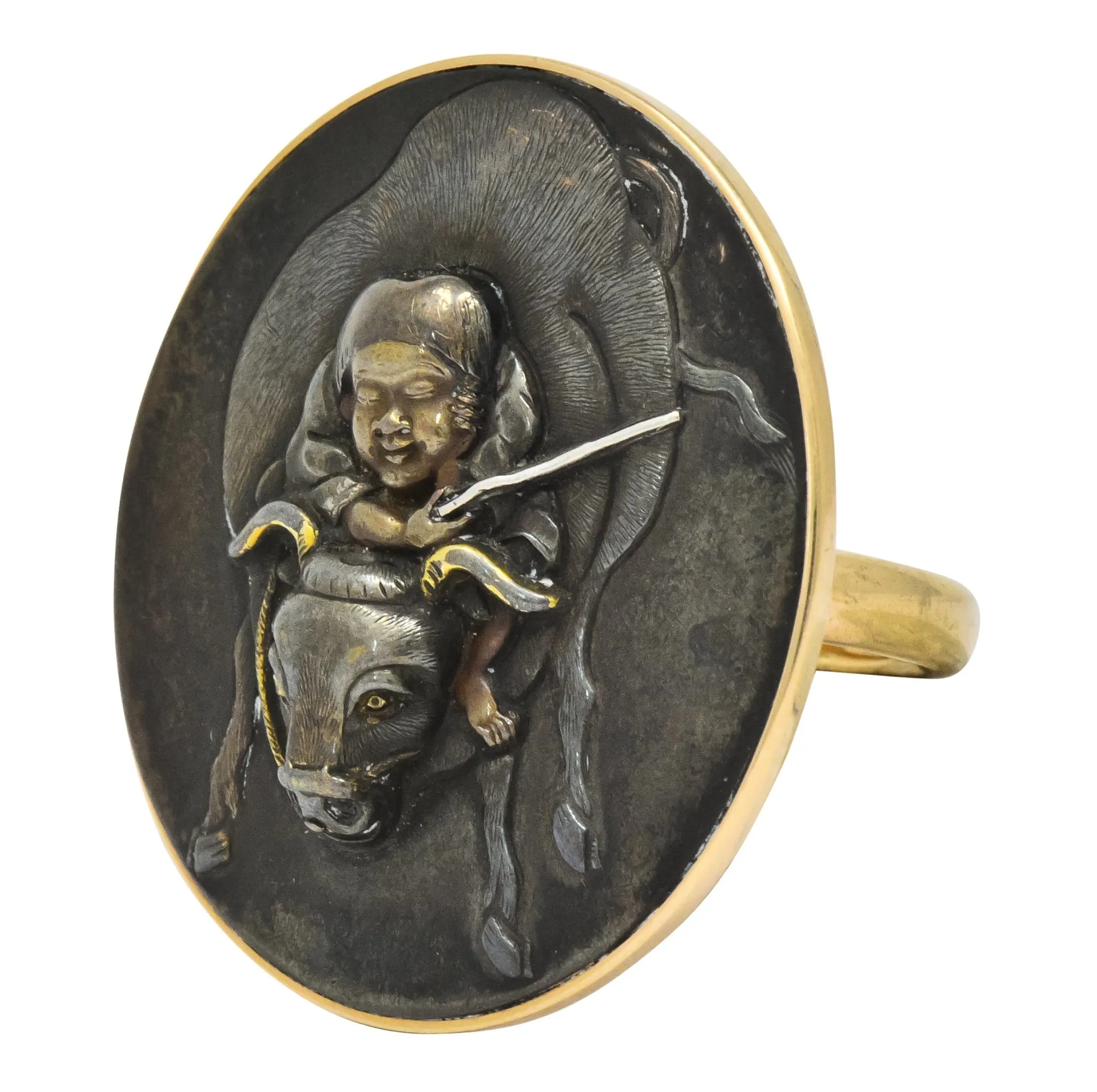 Victorian 14 Karat Rose Gold Mixed Metal Lao Tzu Boy & Ox Shakudo Ring