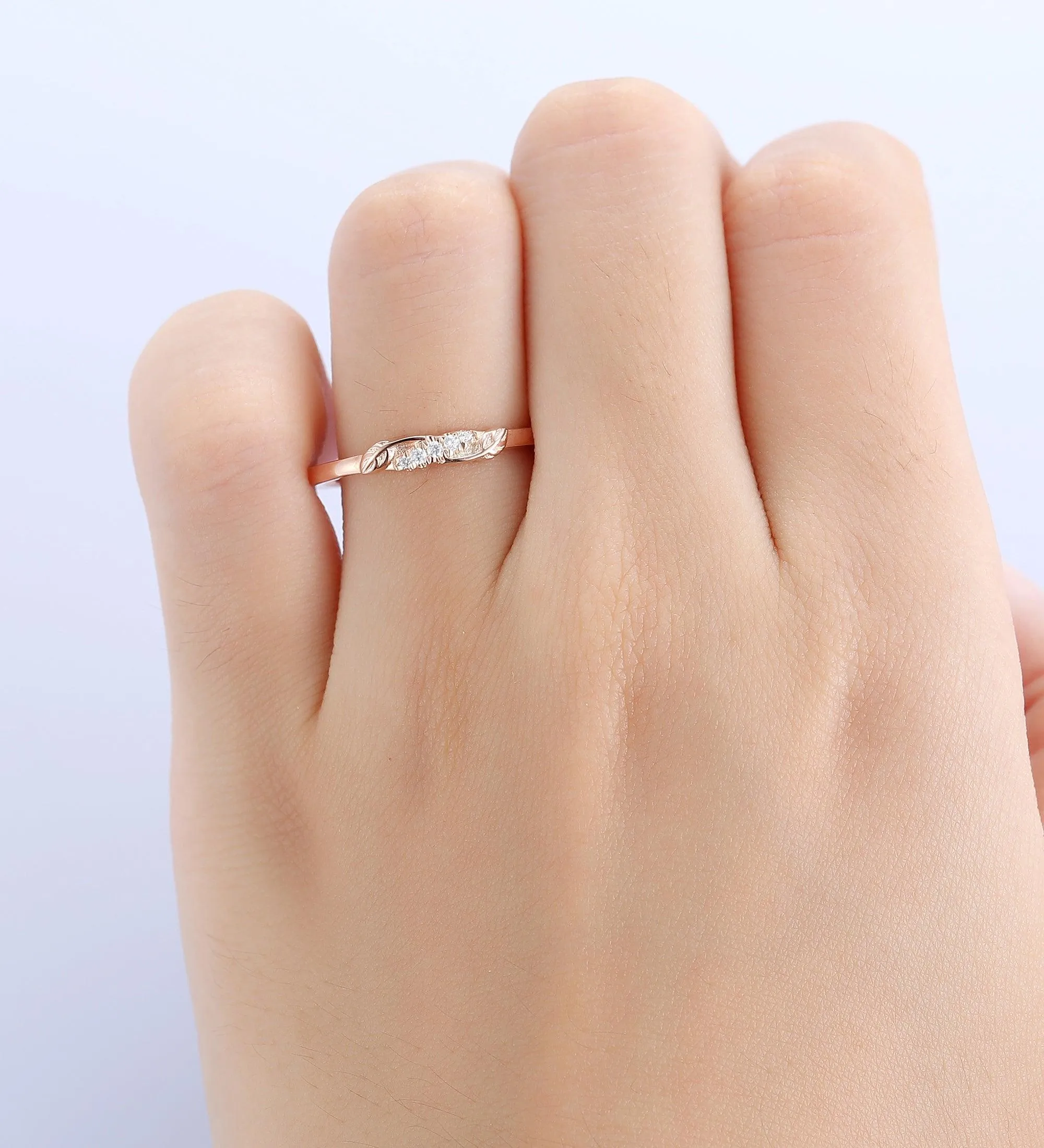Vintage 14k Solid Gold Mossanite Leaf  Stackable Wedding Band
