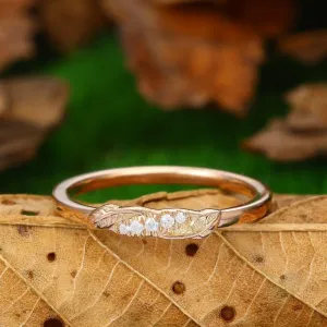 Vintage 14k Solid Gold Mossanite Leaf  Stackable Wedding Band