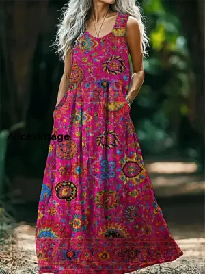 Vintage Bohemian Floral Print Sleeveless Loose Midi Dress