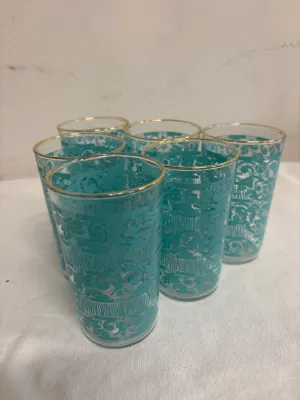 Vintage Chantilly Turquoise Guest Glasses 22K Gold Anchor Hocking- set of 6