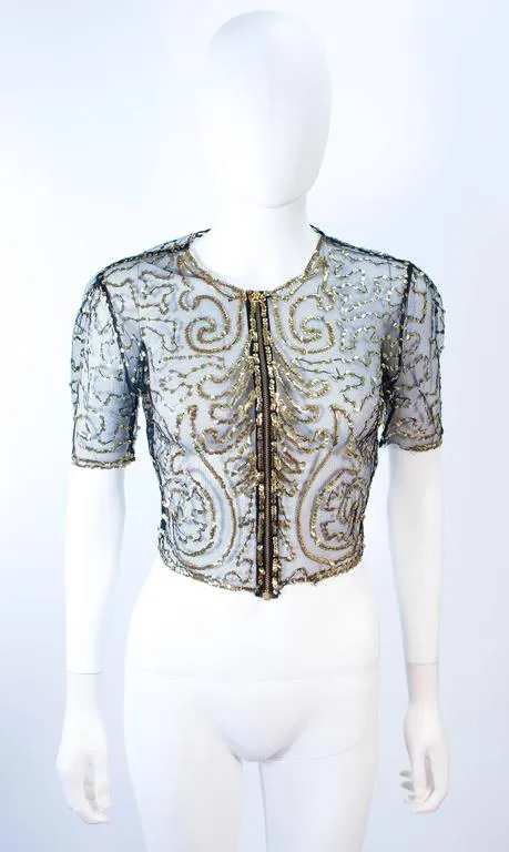 VINTAGE Circa 1930s Black and Gold Mesh Sequin Caplet Size 4-6