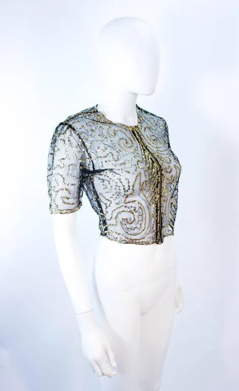 VINTAGE Circa 1930s Black and Gold Mesh Sequin Caplet Size 4-6