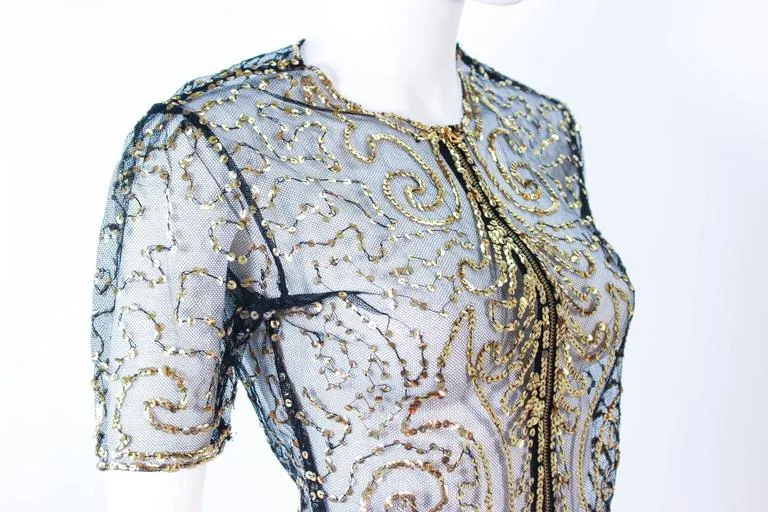 VINTAGE Circa 1930s Black and Gold Mesh Sequin Caplet Size 4-6
