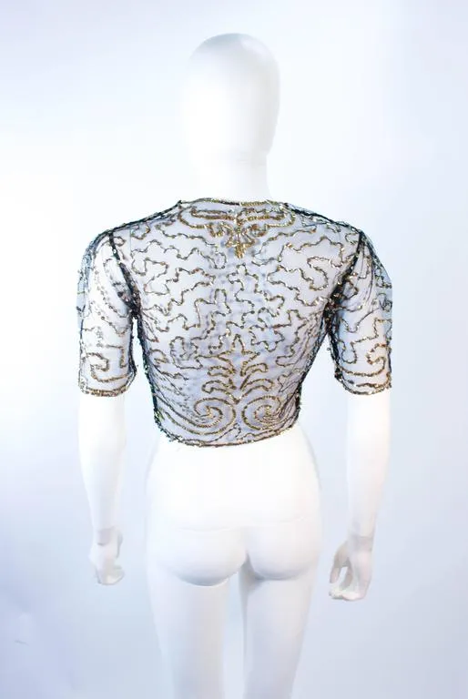 VINTAGE Circa 1930s Black and Gold Mesh Sequin Caplet Size 4-6