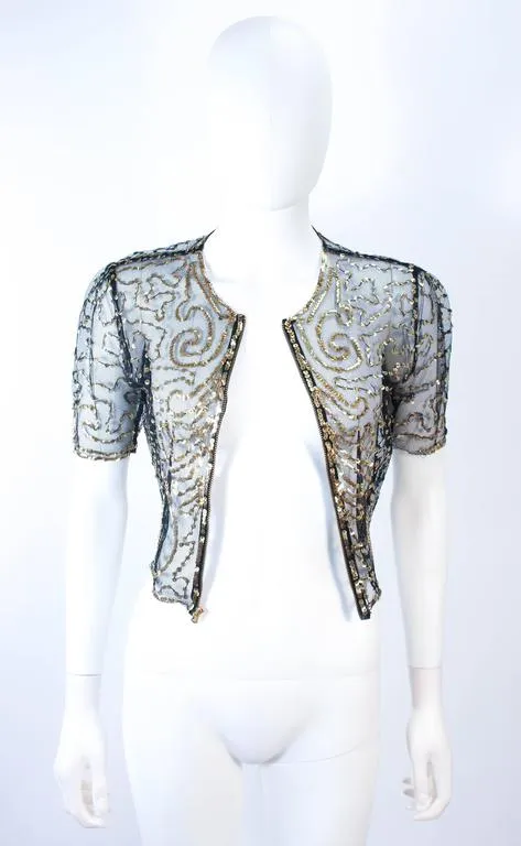 VINTAGE Circa 1930s Black and Gold Mesh Sequin Caplet Size 4-6