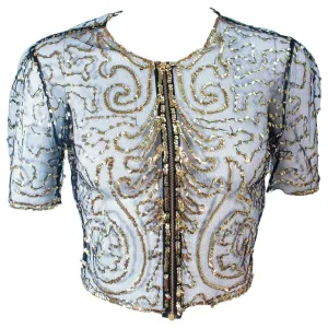 VINTAGE Circa 1930s Black and Gold Mesh Sequin Caplet Size 4-6