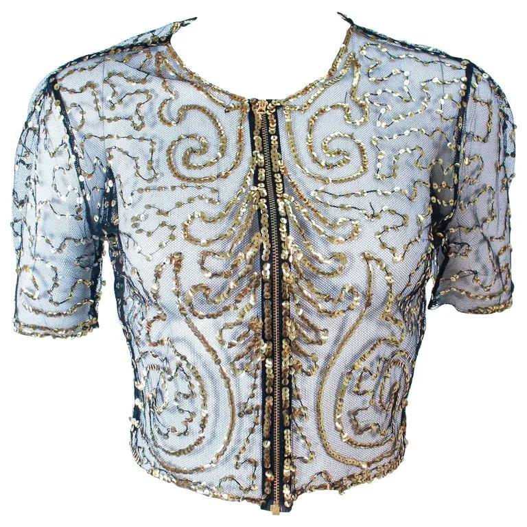 VINTAGE Circa 1930s Black and Gold Mesh Sequin Caplet Size 4-6