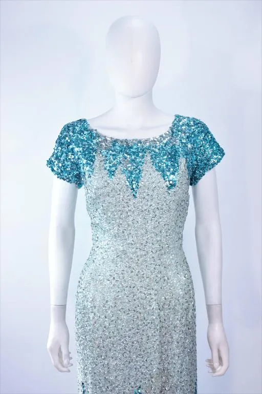 VINTAGE Circa 1950s Aqua Sequin Cocktail Gown Size 8-10