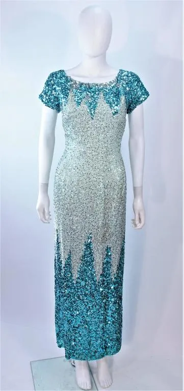 VINTAGE Circa 1950s Aqua Sequin Cocktail Gown Size 8-10