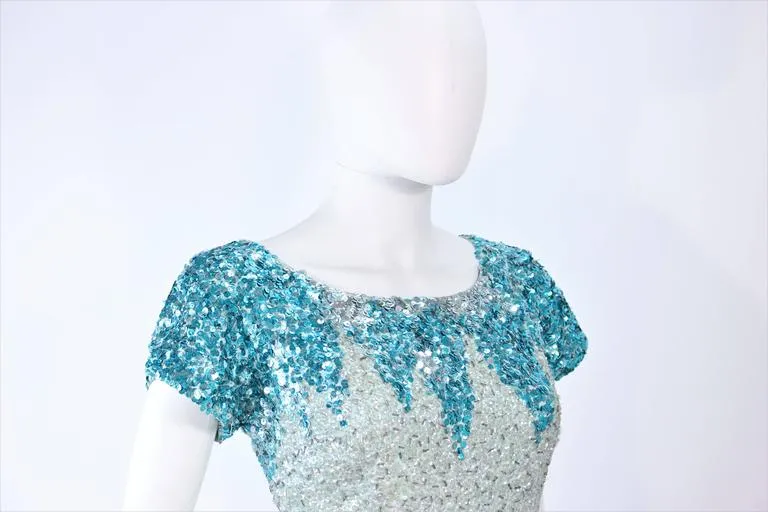 VINTAGE Circa 1950s Aqua Sequin Cocktail Gown Size 8-10