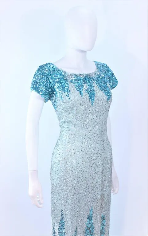 VINTAGE Circa 1950s Aqua Sequin Cocktail Gown Size 8-10