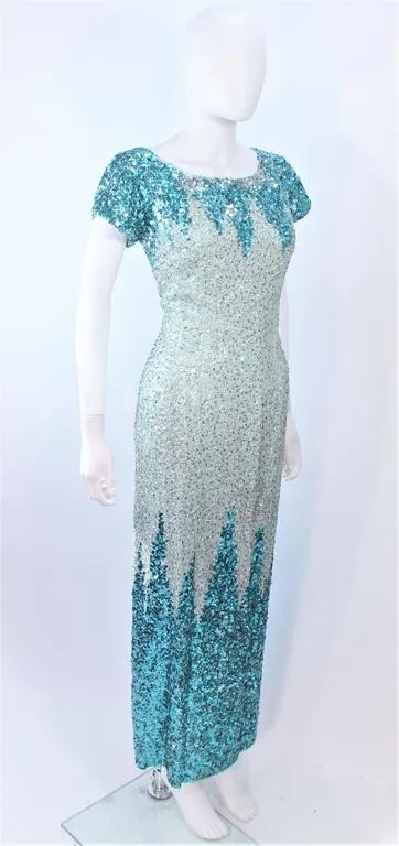 VINTAGE Circa 1950s Aqua Sequin Cocktail Gown Size 8-10