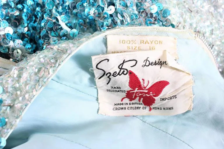 VINTAGE Circa 1950s Aqua Sequin Cocktail Gown Size 8-10