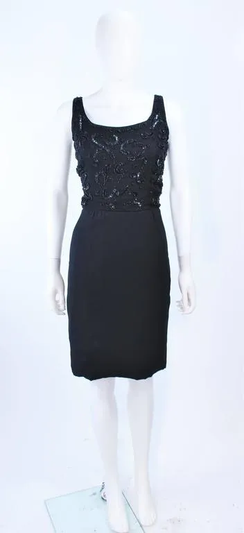 VINTAGE Circa 1950s Black Silk Beaded Cocktail Dress Size 6