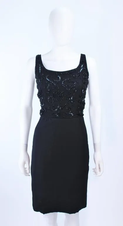 VINTAGE Circa 1950s Black Silk Beaded Cocktail Dress Size 6