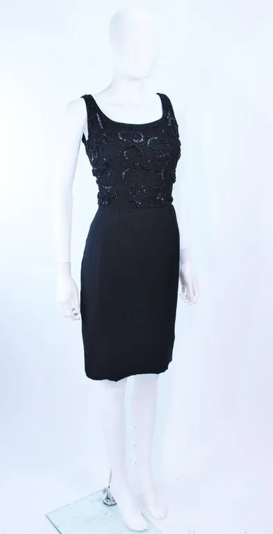 VINTAGE Circa 1950s Black Silk Beaded Cocktail Dress Size 6