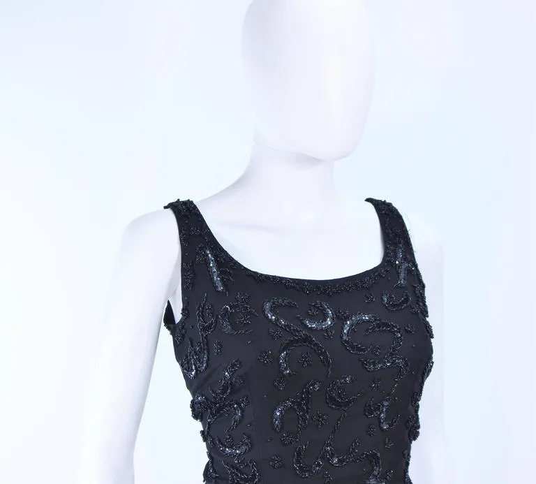 VINTAGE Circa 1950s Black Silk Beaded Cocktail Dress Size 6