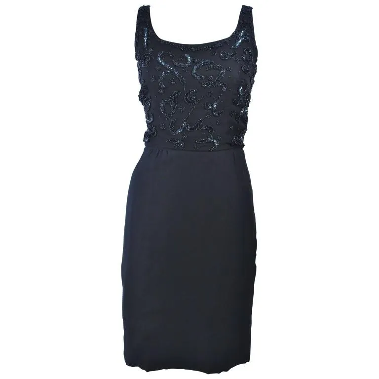 VINTAGE Circa 1950s Black Silk Beaded Cocktail Dress Size 6