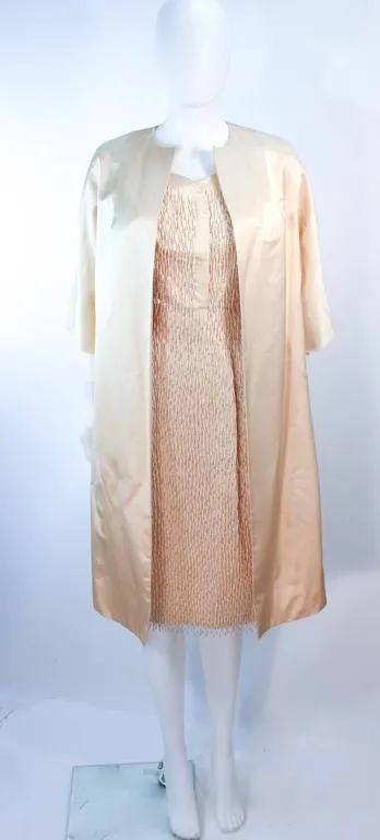 VINTAGE Circa 1960s Cream Silk Beaded Dress and Coat Size 6-8