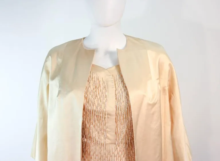 VINTAGE Circa 1960s Cream Silk Beaded Dress and Coat Size 6-8