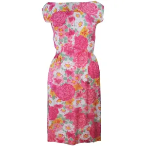 VINTAGE Circa 1960s Pink Multi-Color Floral Silk Dress w/ Bow Size 4
