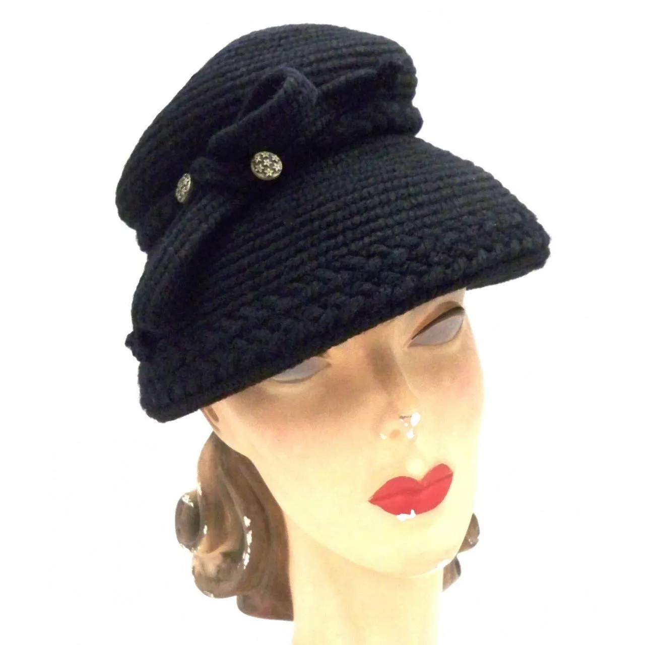 Vintage Hat Black Knit Everitt Bucket Style 1950s One size