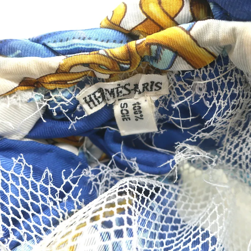 Vintage Hermes Braided Silk Twill Turban Hat Cream/Blue/Gold Chain Print