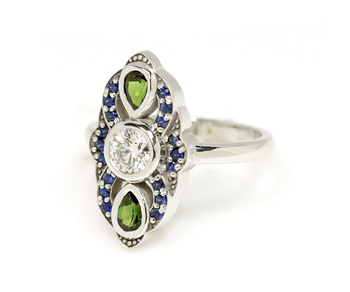Vintage Inspired Blue Sapphire Tourmaline Diamond Engagement Ring