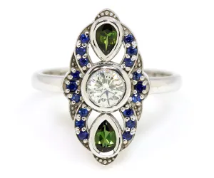 Vintage Inspired Blue Sapphire Tourmaline Diamond Engagement Ring