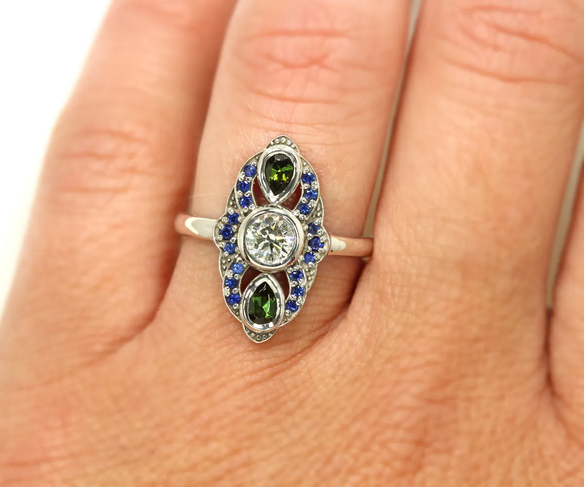 Vintage Inspired Blue Sapphire Tourmaline Diamond Engagement Ring